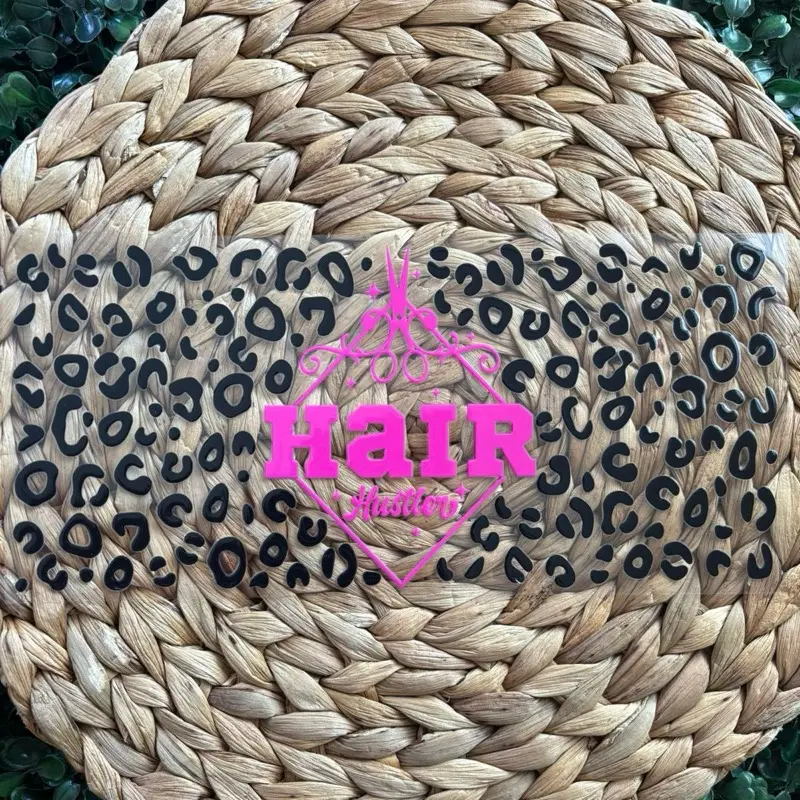 Hair Stylist UVDTF Ready to Apply - Product in Focus with Leopard Pattern Background