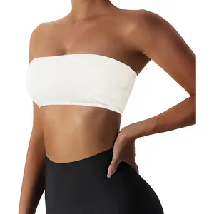 Women's Padded Bandeau Sports Tube Top for Yoga/Workout, Strapless Wireless Bra with Solid Seamless