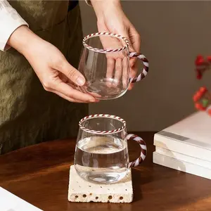 High Borosilicate Heat Resistant Glass Cup, 14.5 Oz Glass Mug with Handle, Dual Color Rim, Ideal for Coffee & Juice