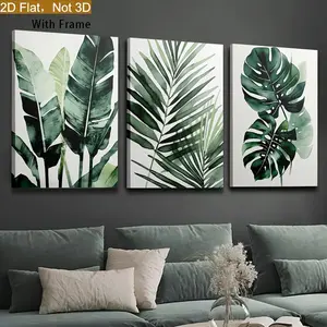 2D flat framed 2D graphic effect, 3-piece tropical plant watercolor wall art set - palm and single-leaf banana leaf, framed canvas poster, suitable for modern home decor - perfect for living room, bedroom, office - unique gift idea, framed