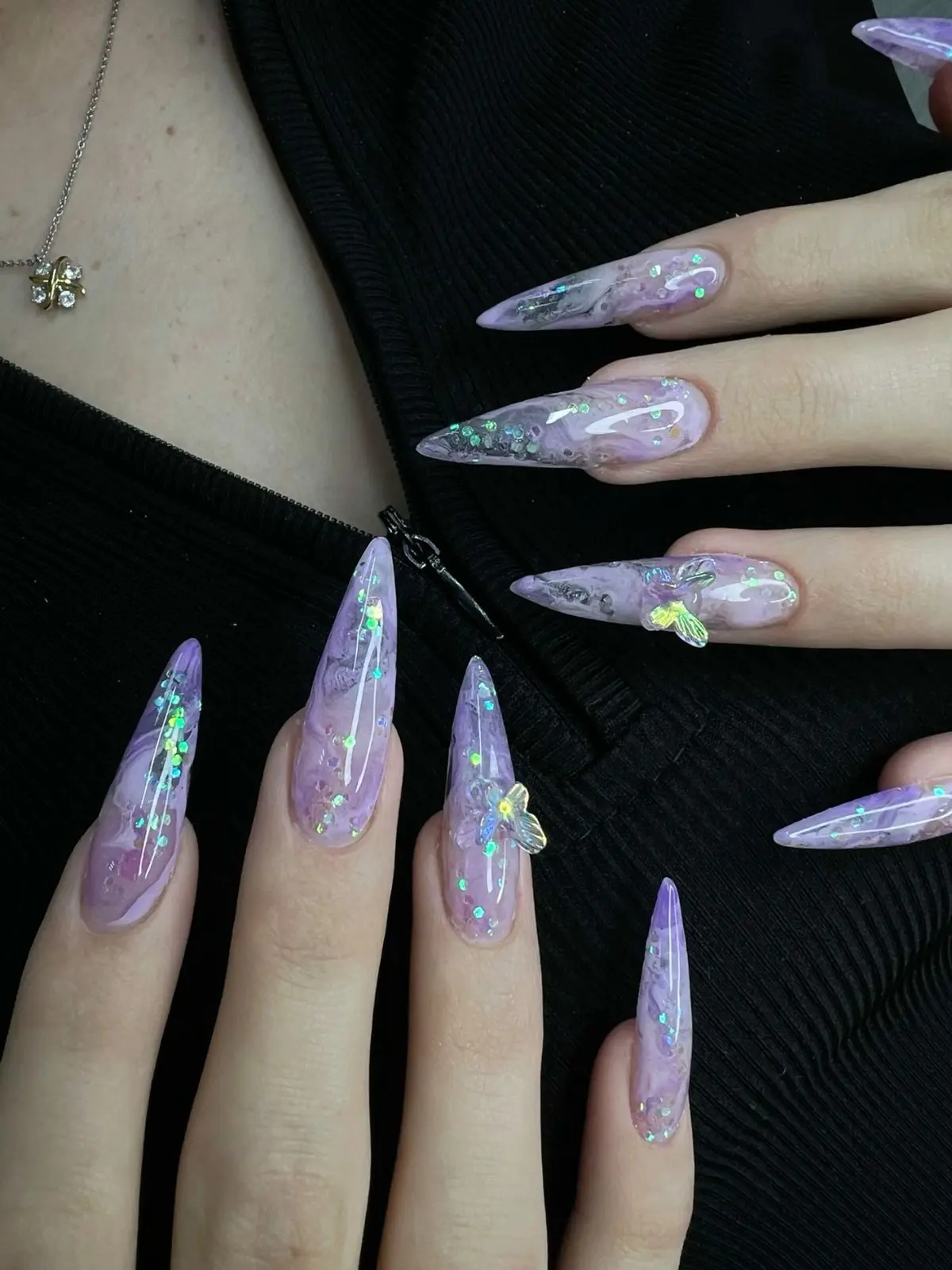 Handmade Extra  Press-On Nails  3D Holographic Butterfly & Glitter Fake Nails Reusable Purple Amethyst Marble Fairycore Nail Box