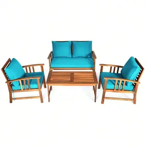 4pcs Wooden Patio Furniture Set Table & Sectional Sofa w/ Turquoise Cushion