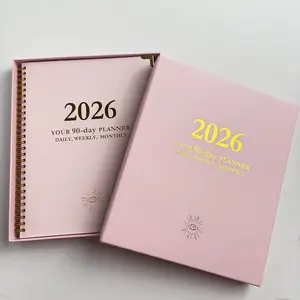 2026 90-Day Spiral Planner, Elegant Pink with Gold Accents, Hardcover Daily Organizer Notebook, 8×9.6 Inches, Spiral Bound, Pink Gift Box Packaging