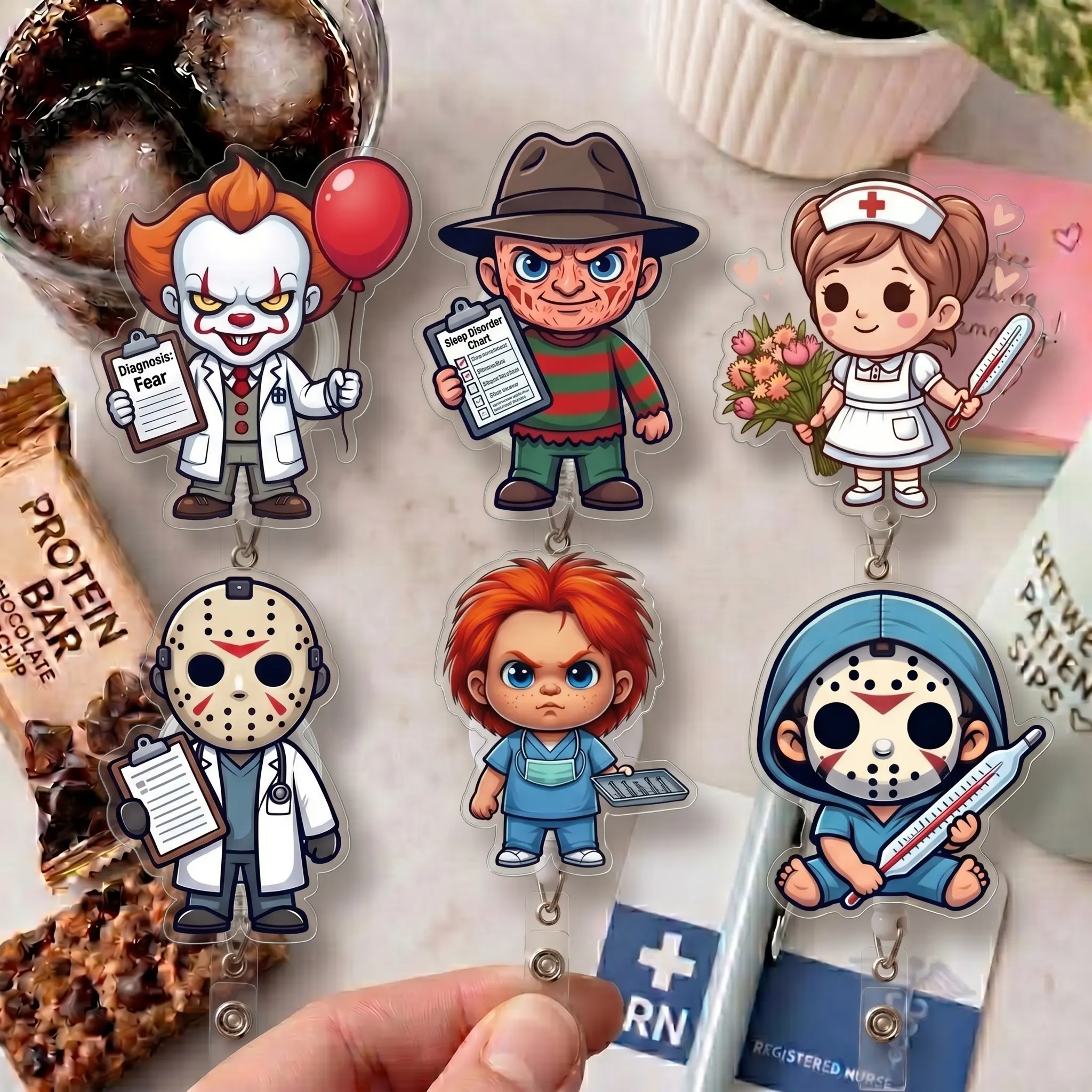 Horror Inspired Acrylic Badge Reel – Cute Creepy Character Retractable ID Holder for Nurses, Teachers, Office Staff