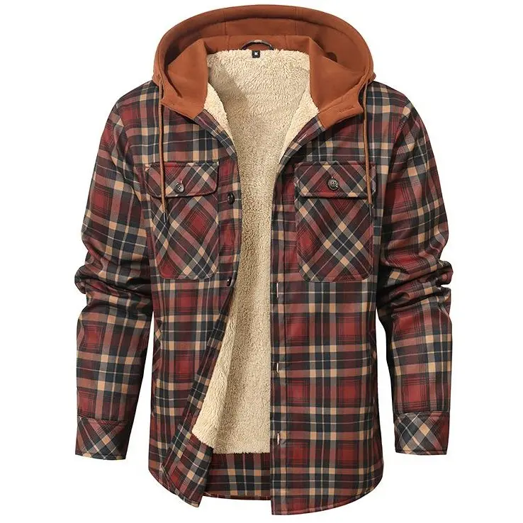 Zaitun Men's Fitted Checked Hooded Utility Shacket - Casual Long Sleeve Shirt, Button-Front, Functional Pockets, Soft Polyester Fabric, Outdoor/Workwear Jacket, Transitional Outfit Top