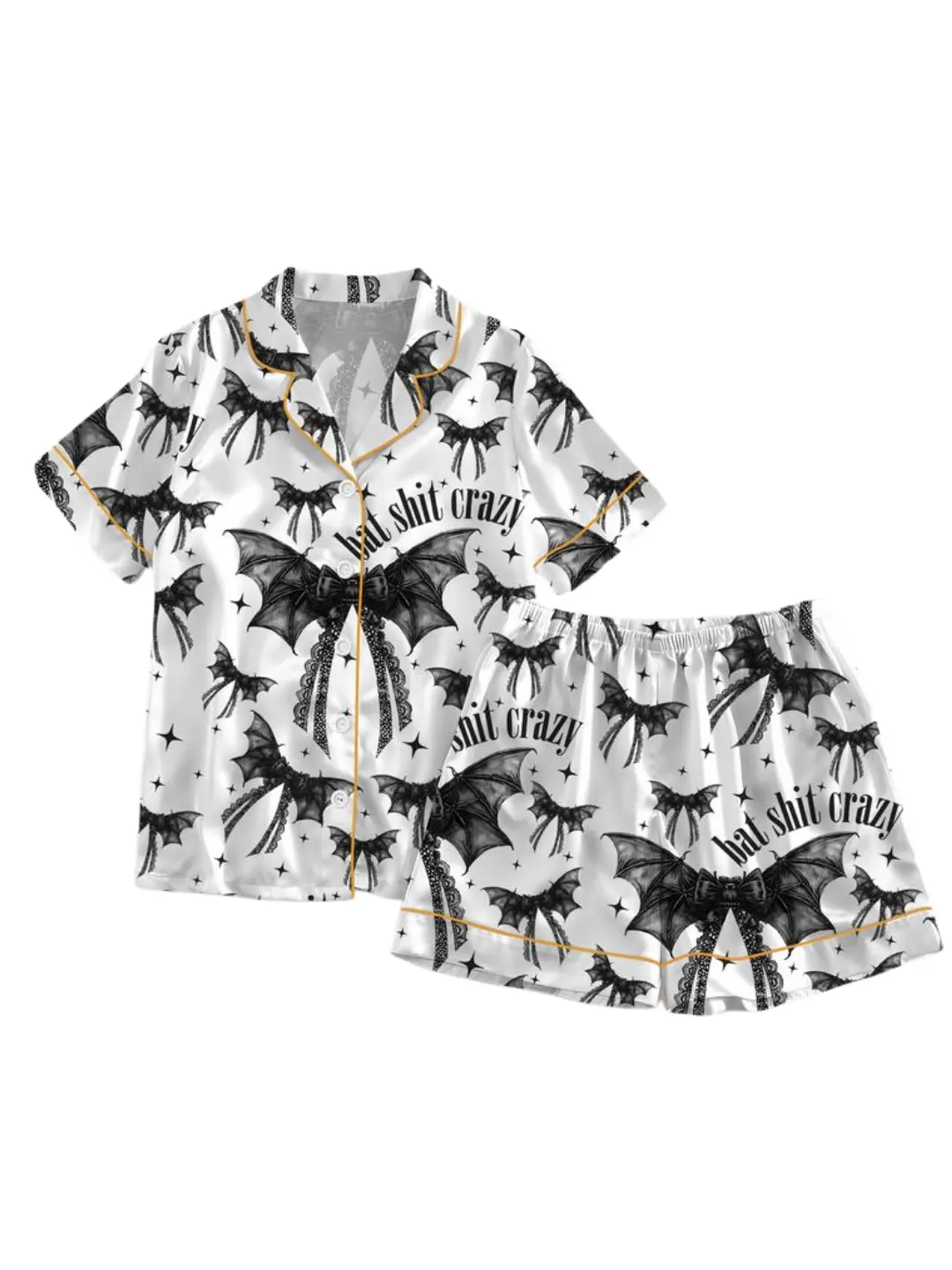 Bat Shit Crazy Gothic Coquette Bow Satin Pajama Set Adults, Halloween Print Pajamas Bat Gothic Coquette, Homewear Bow Black Gifts Women Chic Comfy