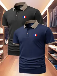 Men's Two-Piece Polo Shirt Set, Short Sleeve Regular Fit Business Casual Breathable Collared Top, Comfortable Unisex Polo