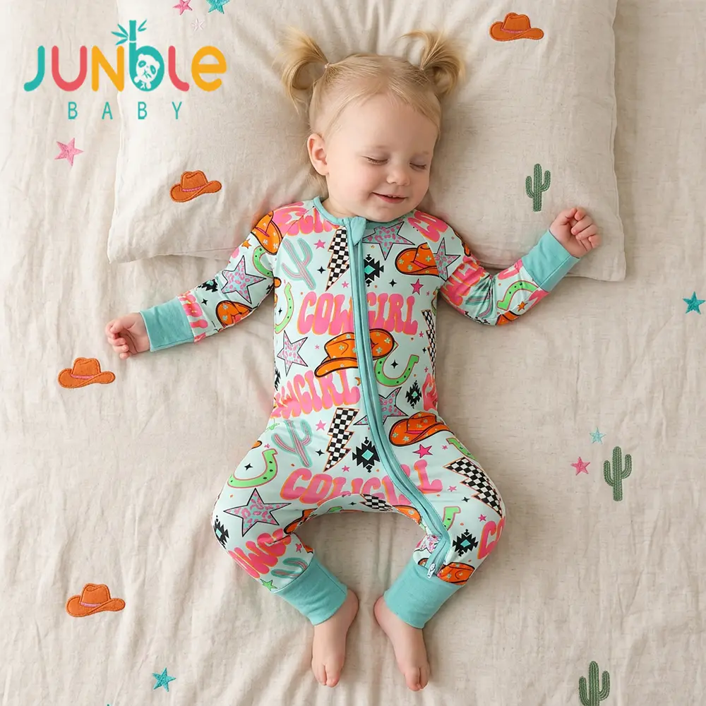 Junblebaby Cowgirl Western Print Baby Romper,Baby Romper, baby bamboo pajamas,baby onesie, Bamboo Fiber Long Sleeve 2-Way Zipper Footed Onesie, Cute Country Style Sleep Play Pajamas for Baby Girls , newborn baby stuff for girl Toddler Onesies