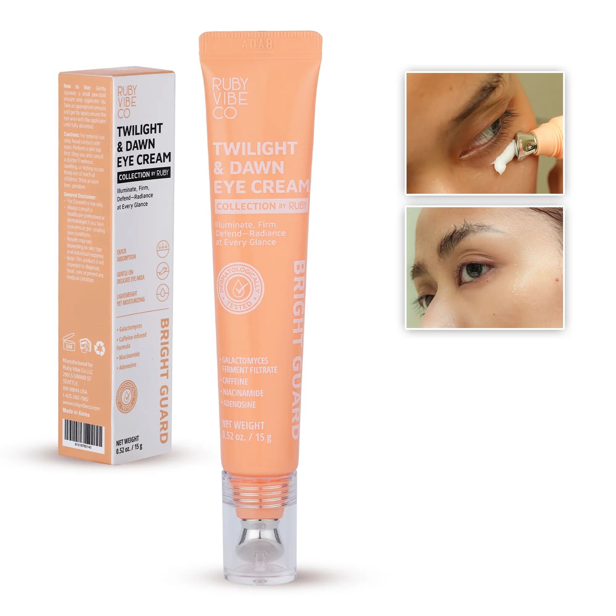 RUBY VIBE CO Hydrating Eye Cream for Dark Circles Puffiness & Under Eyes, Korean Eye Cream with Galactomyces, Caffeine, Niacinamide & Adenosine, Bright Guard, 0.52oz (15g)
