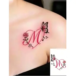Waterproof Sweat-Resistant Washable Temporary Tattoo Sticker, Romantic -Toned Letter Design with Rose & Butterfly Elements