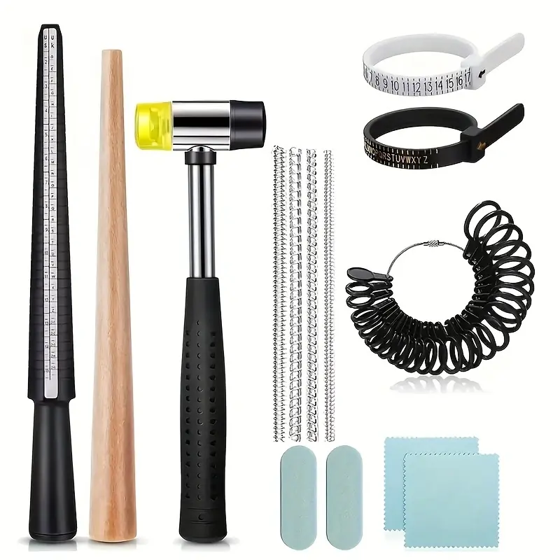 TOOLTOS 14PCS DIY Beading & Jewelry Making Kit - Wood Ring Size Measuring Rod, Wooden Ruler, Ring Adjusters, Rubber Hammer, Cleaning Cloths, Polishing Rods, Adjustable Beaded Chain for Handmade Crafts