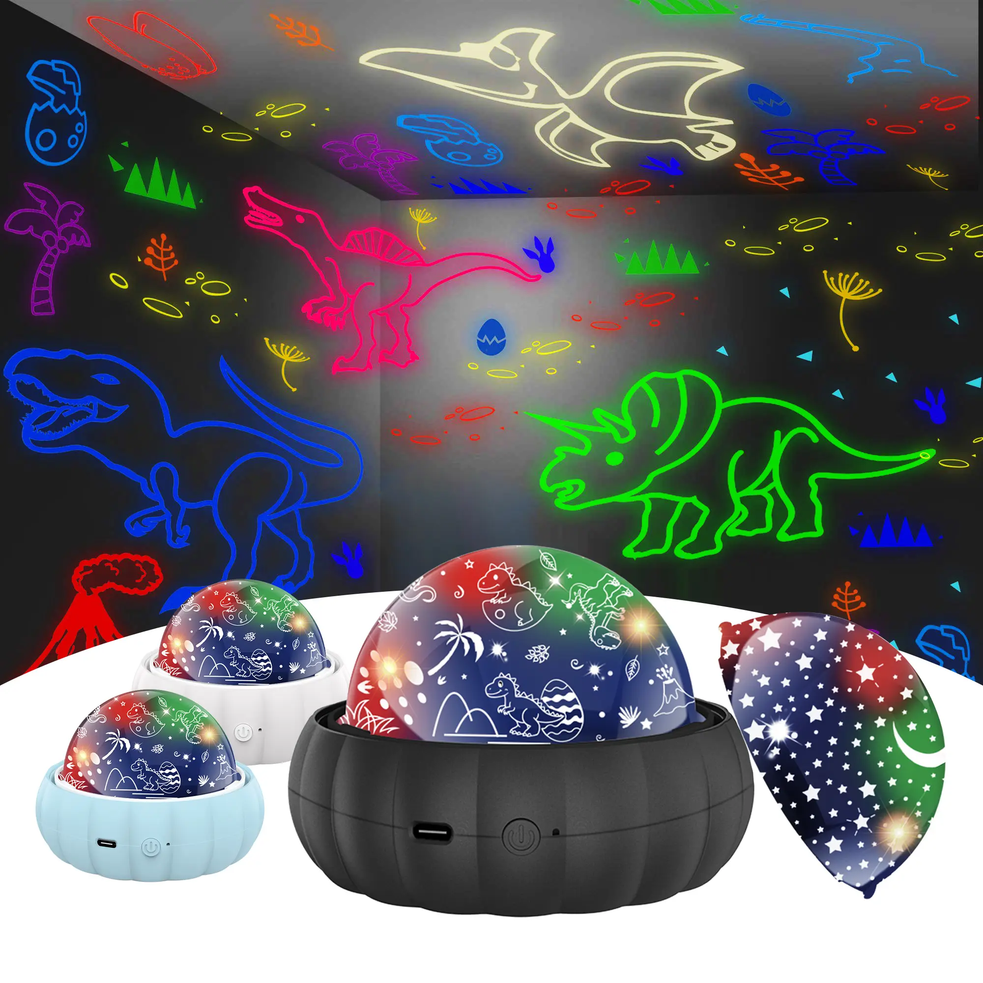 Starry Sky Projector Night Light for Kids, 2 Interchangeable Lampshades with Dinosaur & Moon Star Themes, 360° Rotating RGB Color Changing Lamp, 10-hour Automatic Timing, Bedroom Decor, Birthday & Christmas Gifts