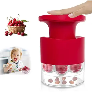 Quick Release 7-in-1 Multi Cherry Pitter Push Button Core Seed Remover Tool with Splatter Protector for Making Jam Cherry Dishes Red 7 Holes