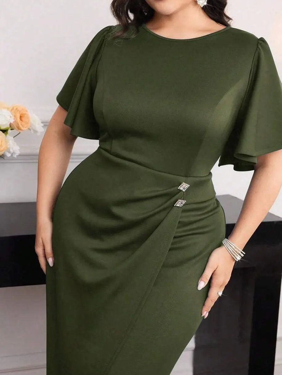 Plus Size Ruffle Sleeve Summer Dress, Elegant Pleated Round Neck Casual Dress