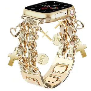 1PC Double Thin Flash Leather Rope Hollow Heart Pendant Smart Watch Strap, Smart Watch Accessories, Compatible with Apple Watch 38/40/41/42/44/45/46/49mm, Suitable for Apple Watch Series Ultra/SE/10/9/8/7/6/5/4/3 (Strap only, watch and case not included)