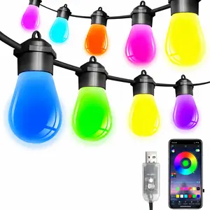 34FT S14 RGB Color Changing String Lights, 15 Bulbs USB APP Control, RGBAI Warm White Globe Edison Lights, Music Sync 213 Modes Waterproof Outdoor Patio Yard Christmas Decor