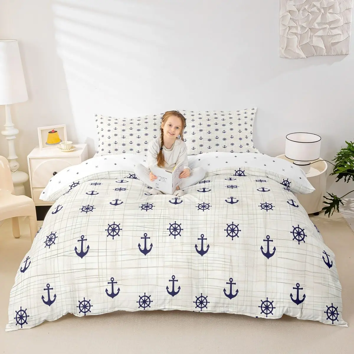 Nautical Theme Duvet Cover Set,Navy Blue Anchor Rudder Print Comforter Cover Vintage Rustic Beige Grid Pattern Bedding Set Adult Room Decor,Ocean Coastal Quilt Cover