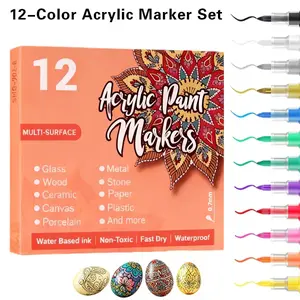12-Colors Acrylic Paint Markers Set,Waterproof Flexible Tip Acrylic Markers,Premium Paint Pens for Various Surfaces,Acrylic Paint Markers,Markers for Coloring,Art Supplies,Acrylic Marker,Coloring Supplies