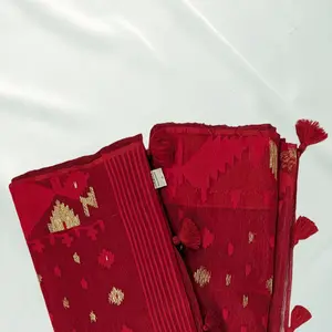 Radiant Red Handloom Dhakai Jamdani Saree: Premium Cotton, Intricate Motifs
