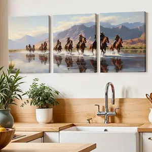 3 Piece Set Wooden Framed Canvas Poster, Cowboys, Horses, Vintage Oil Painting Style, Rural Art, Gang Fights, Home Decor, Art Print, Wall Art for Living Room, Bedroom, Office, Hallway, Ideal Gift For Friends.