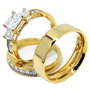 Couples Ring Set Womens 14K Gold Plated 3 Stone Engagement Ring Mens Gold Flat Wedding Band
