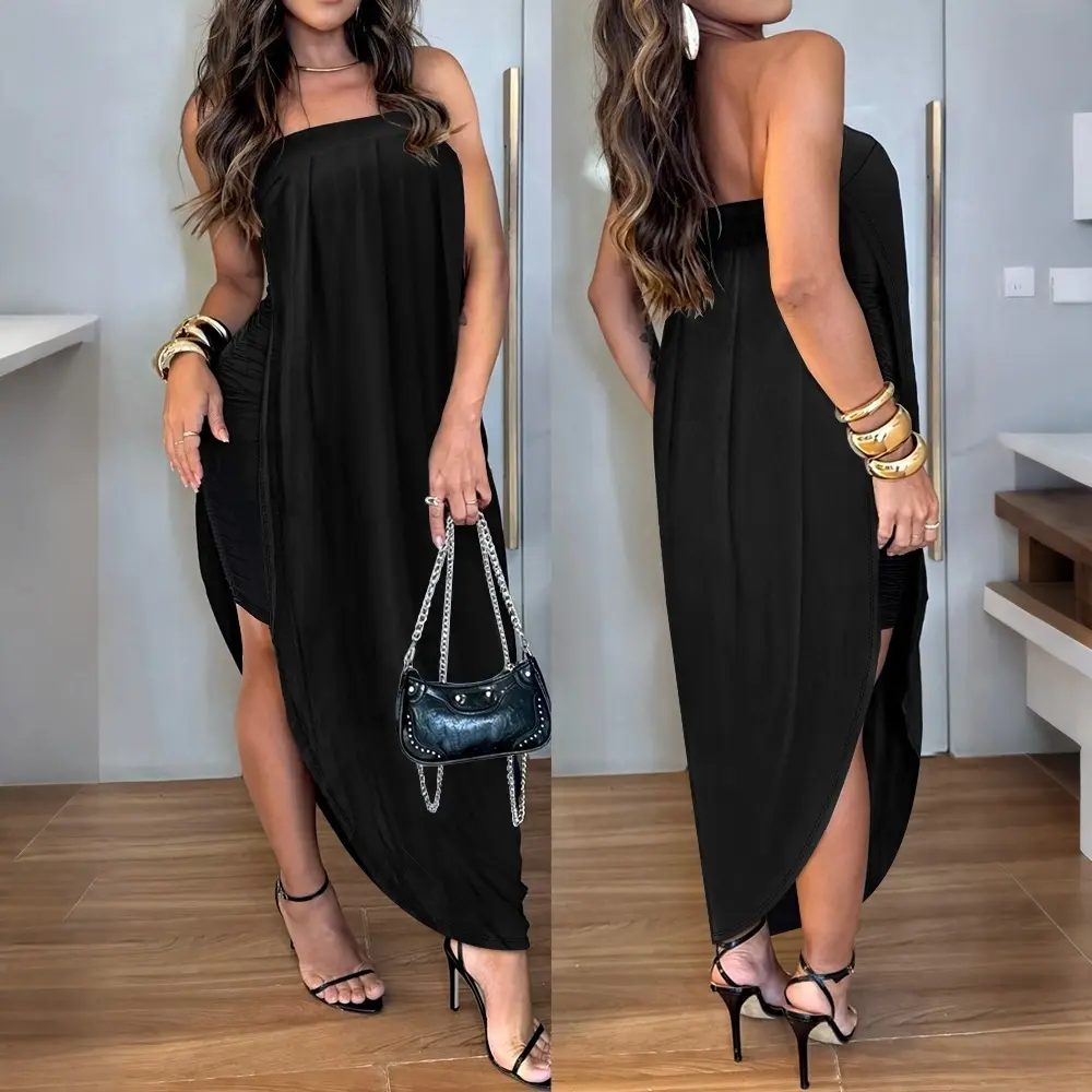 CHICME Women's Faux 2 Piece Dress Strapless Tube Dress Ruched Asymmetric Hem Dress/Summer Dress with Detachable Clear Straps