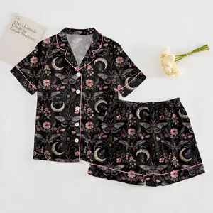 Night Garden Mystical Moth Magic Witchy Floral Satin Pajama Set, Halloween Magic Witchy Floral Pajama Sleepwear, Nighwear Set for Her