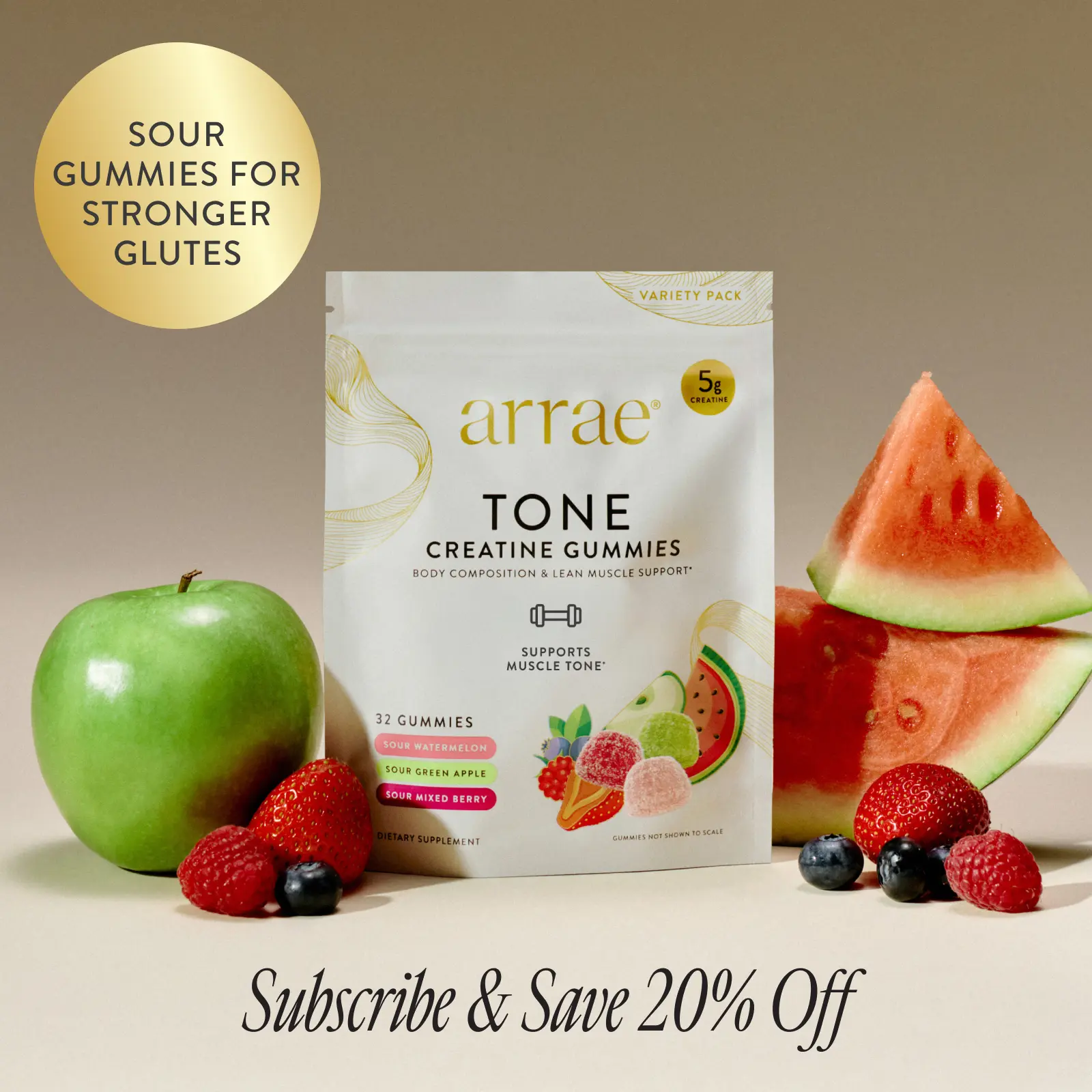 arrae Tone Variety Creatine Gummies | Assorted Sour Flavors (Watermelon, Green Apple, Mixed Berry)| Gut-Friendly Formula for Energy, Cognitive Health, Post-Workout Recovery