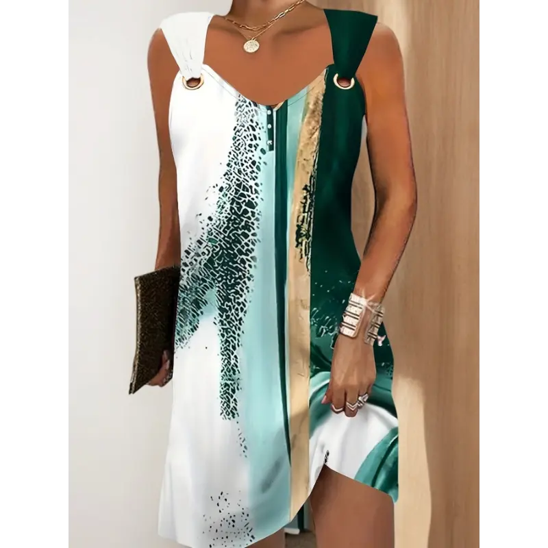 summer  new style dress unique curvy women Elegant Loose [Spring V Neck Sleeveless Dress] Color Block Ring Linked Dress, Casual Dress For Spring & Summer, Women's Clothing