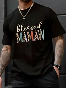 100% Cotton Unisex Blessed Mamaw Cute Leopard Print T-Shirt， men's autumn short-sleeved shirt, featuring maple leaf and Thanksgiving Halloween prints