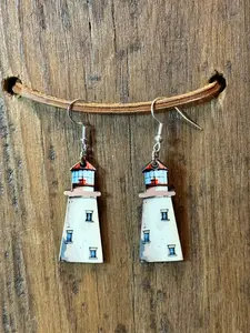 Lighthouse Wood Earrings – Nautical Coastal Dangle Earrings with Nickel Free Hooks
