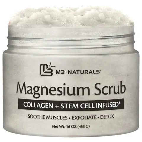 M3 Naturals Magnesium Dead Sea Salt Body Scrub - 16 oz (453 g) Exfoliating Dead Skin Exfoliant, Soothing, Relaxing, Nourishing, Hydrating, Mineral-Rich Formula with Stem Cell & Shea Butter, Collagen Boost for Sore Muscles
