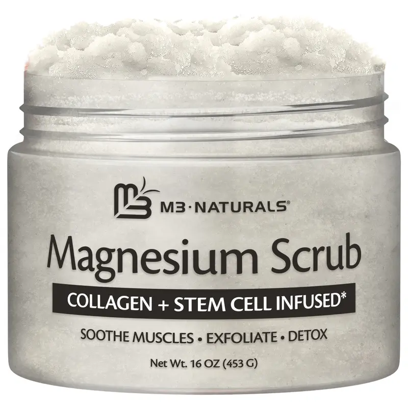 M3 Naturals Magnesium Dead Sea Salt Body Scrub - 16 oz (453 g) Exfoliating Dead Skin Exfoliant, Soothing, Relaxing, Nourishing, Hydrating, Mineral-Rich Formula with Stem Cell & Shea Butter, Collagen Boost for Sore Muscles
