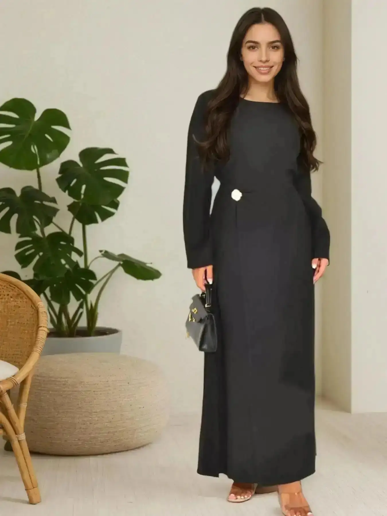 Vintage Muslim Women Plain Simple Modest Style Dress with Back Tie, Waist Cinching, Decorative Buttons, Perfect for Friend Gatherings & Casual Occasions, Outfits, Maxidresses, Long Sleeve Dresses