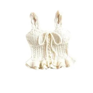 [Sexy Lace-Up Cami Top] Sexy Lace-Up Ruffle Cami Top for Women - Beige Crochet Spaghetti Strap Vest with Adjustable Tie Front, Lightweight & Breathable for Spring/Fall, Casual & Vacation Style |   Ruffle Detail Top |   Crochet Texture. Knit Womenswear