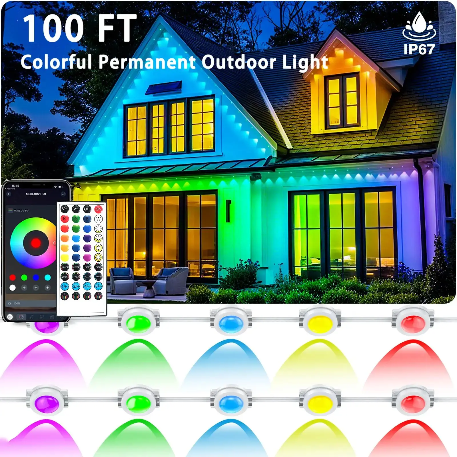 100FT LED Permanent Outdoor Lights – RGB Eaves Lights with App & Remote Control, IP67 Waterproof String Lights for Garden, Deck & Holiday Decor Bright Adjustable Leds Led Rechargeable