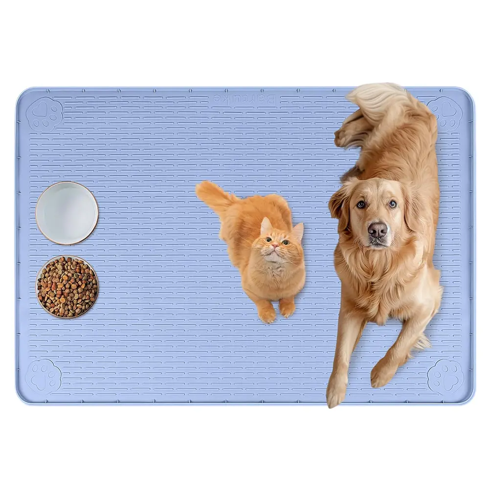Cat Food Mat, Extra Large Silicone Pet Feeding Mat with Raised Edge Pet Placemat for Food and Water Bowl Non-Slip, Easy to Clean, Floor Protection - Blue