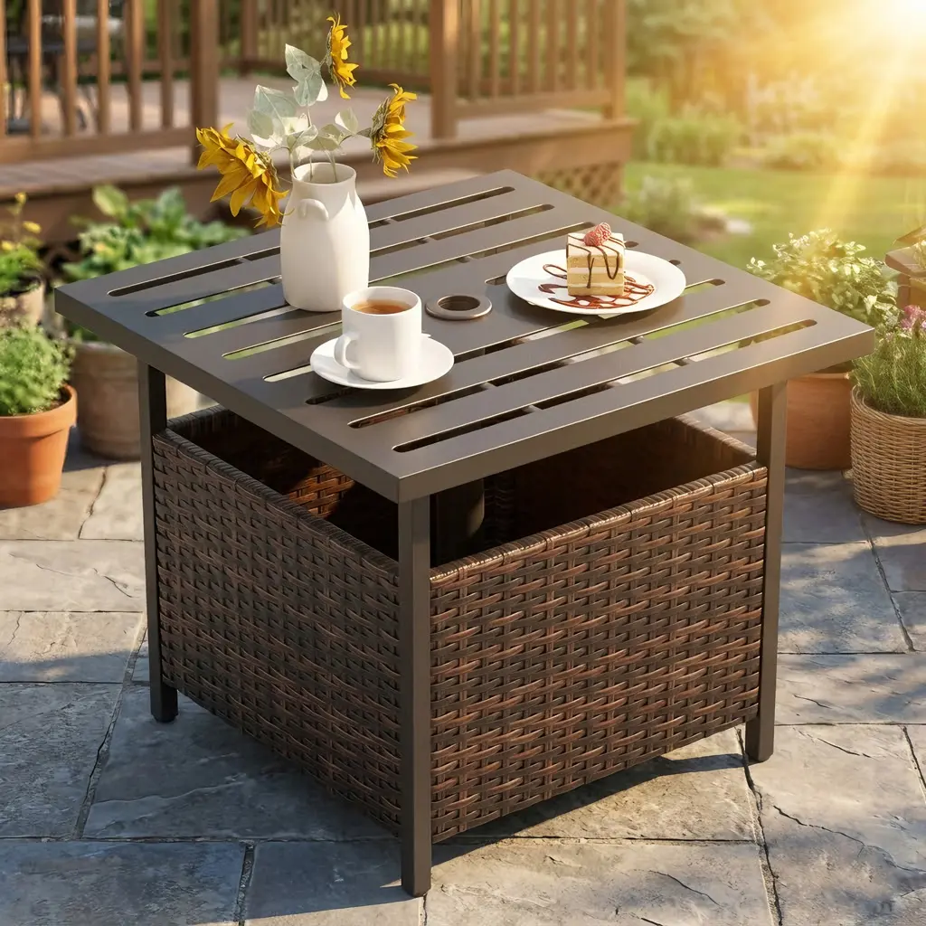 Summerwins 22-Inch Square Metal Tabletop PE Rattan Wicker Outdoor Accent Table - 1.57-Inch Umbrella Hole, Adjustable Stand, Storage Base, Lightweight, Sun Protection, Water Resistant - For Backyard, Poolside Garden Use