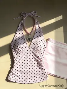 Polka Dot Halter Top, V-Neck Tie Front Tank, Side Ruched Slim Fit, Women's Fashion, Summer/beachwear, Sweet Cool Coquette Style