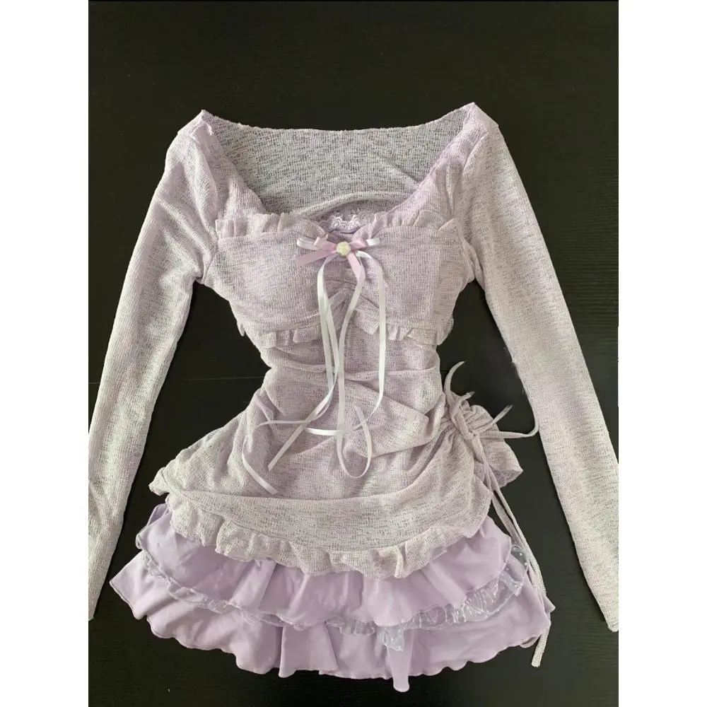 New Spring Vintage Elegant Y2K Sexy Sweet 2 Piece Sets Women Solid Boe Design Tops +High Waist Ruffle Chic Skirt Female Korea Style Clothes Sleeve