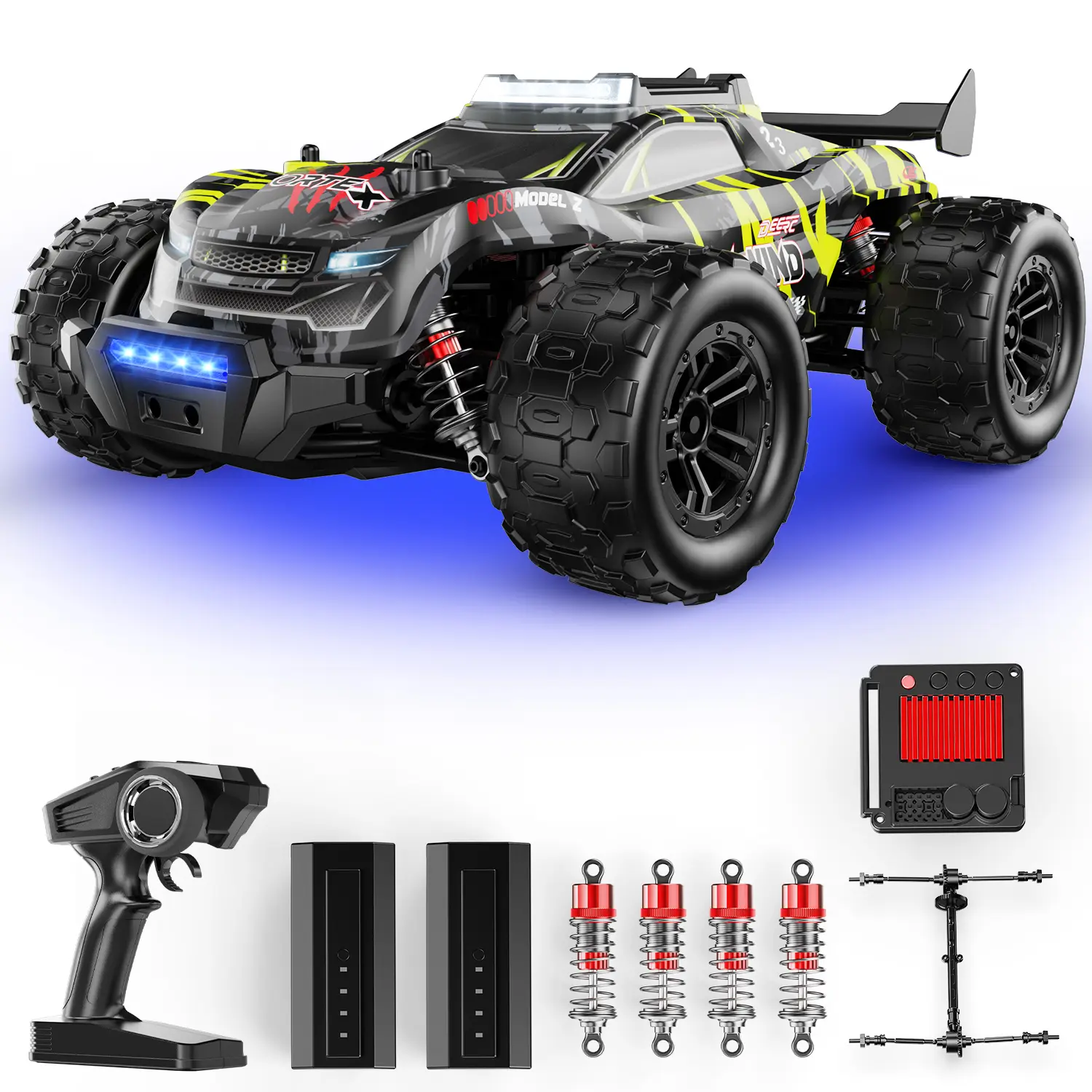 DEERC Brushless Remote Control Car for Adults, 1:14 Scale 4WD Off-Road Monster Truck with 50km/h Speed, 7-Color Lights & 3 Light Modes, Metal Oil Shocks, 2×7.4V Batteries, All-Metal Drivetrain, Boys' Gift