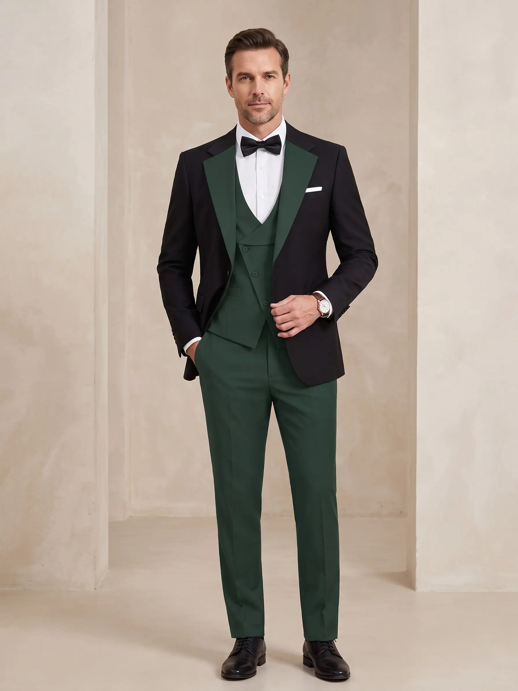 Men's Black 3-Piece Slim Fit Tuxedo, Formal Wear Suit Set with Long Sleeve Jacket for Weddings & Prom, Customized Menswear