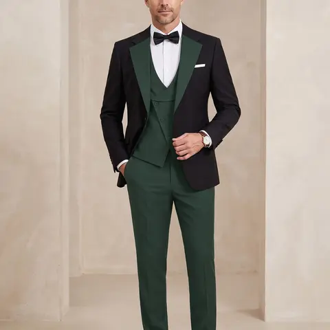Men's Black 3-Piece Slim Fit Tuxedo Suit Set - Chic Vintage Formal Long Sleeve V-Neck Button Jacket, Customized Menswear for Weddings, Prom, Evening, Party