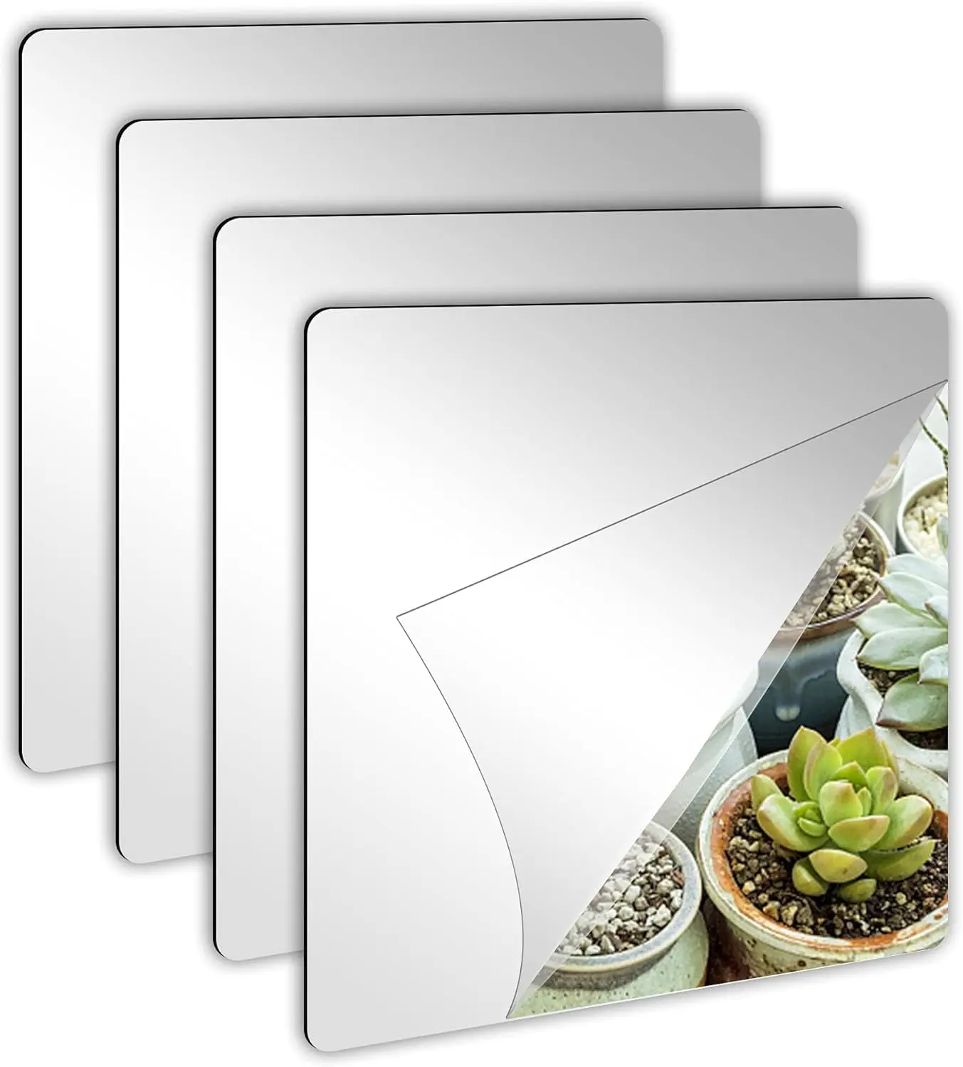 4 Pack Self Adhesive  Mirror, 8 x 8 Inch Mirror Tiles,Flexible Plastic Mirror Sheets Wall Stickers,2MM Thick Mirror,Frameless Small Mirror
