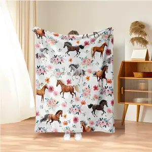 Horse Pattern Blanket, Soft Comfortable Warm Throw Blanket, Air-conditioned Room Blanket, Warm Nap Blanket for Home Office Travel Camping, Floral Blanket