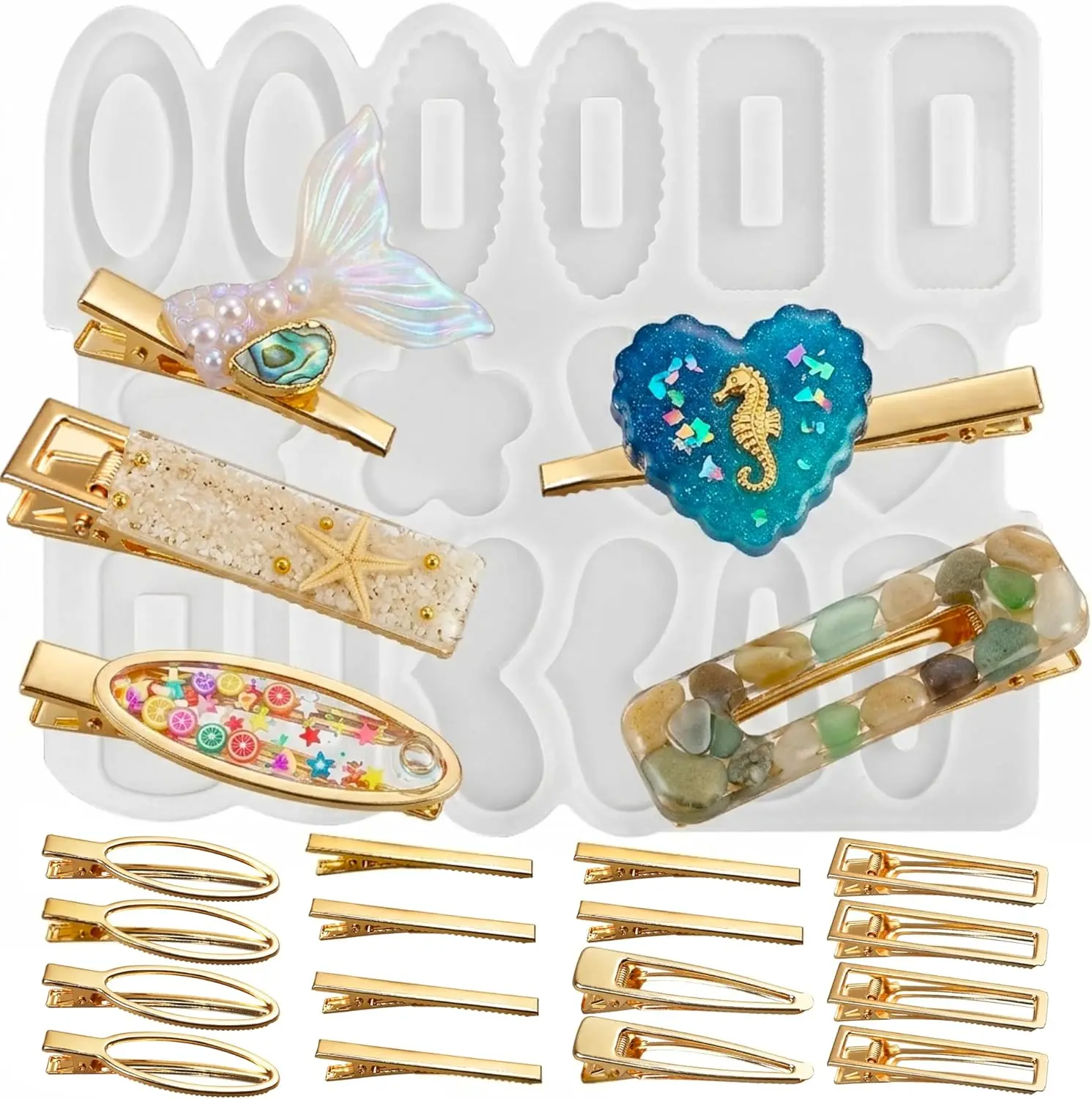 LotFancy Hair Clip Molds for Resin Casting - Silicone Alligator Clip Molds, Includes 16 Gold Clips, Geometric, Flower & Heart Shape Epoxy Molds for DIY Fashion Hair Accessories & Gifts