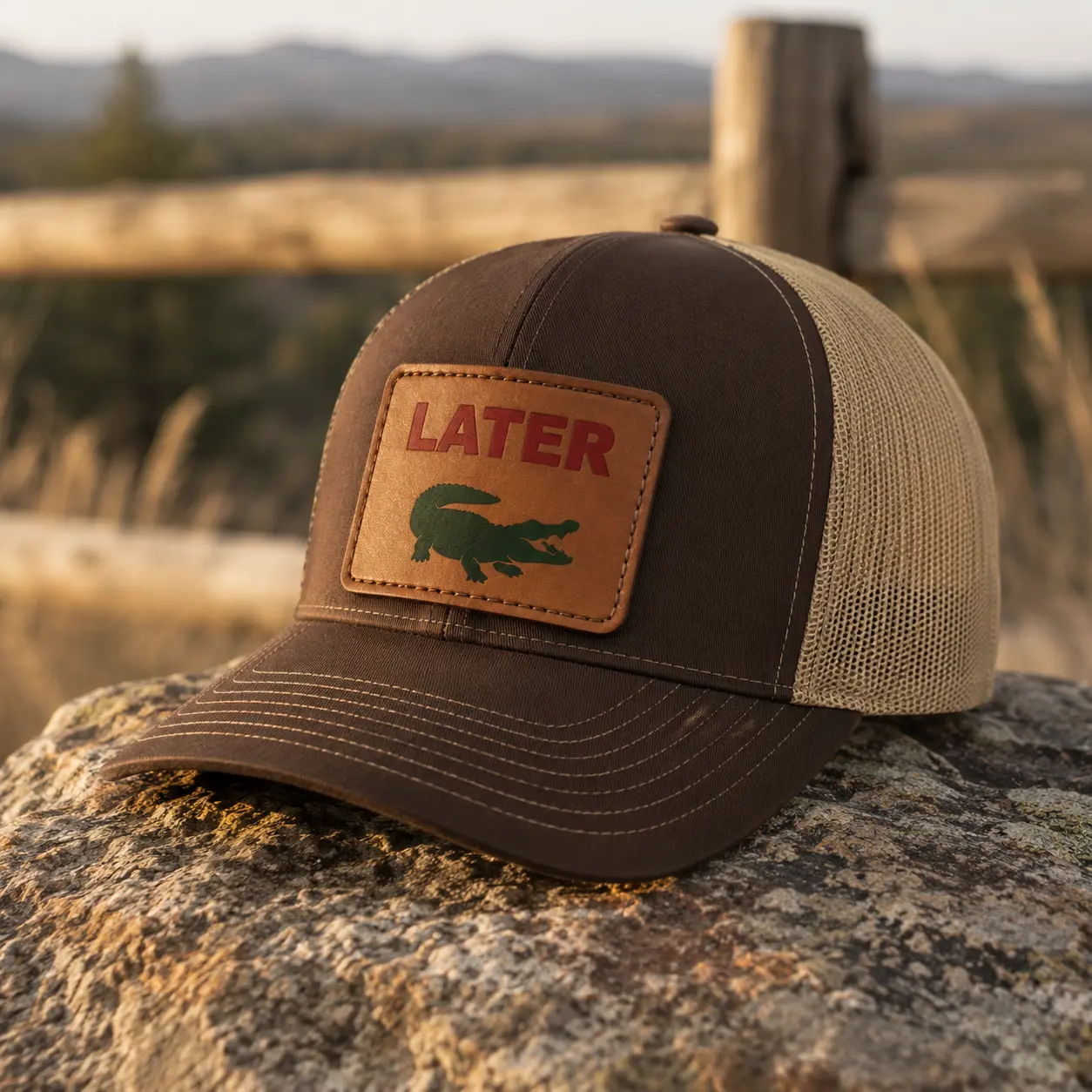Later Alligator Leather Patch Trucker Hat, Brown Mesh Baseball Cap, Funny Reptile Outdoor Cap