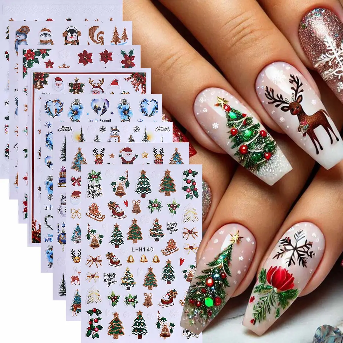 8 Pcs Christmas Nail Art Stickers Set, Diy Nails 3D Matte Festive Themes Reindeer Snowman Christmas Trees Penguin Bell Designs, Self-Adhesive DIY Creativity Decoration Nail Art Supplies for Women & Girls, Nail Art Products