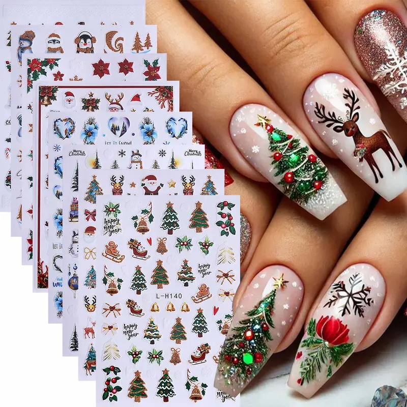 8 Pcs Christmas Nail Art Stickers Set, Diy Nails 3D Matte Festive Themes Reindeer Snowman Christmas Trees Penguin Bell Designs, Self-Adhesive DIY Creativity Decoration Nail Art Supplies for Women & Girls, Nail Art Products