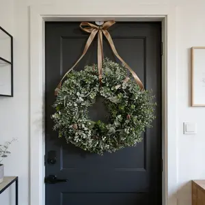 Artificial Beach Hut Plant Wreath, Eucalyptus, Lambs Ear Grass, Seashells, Summer Decor for Porch and Living Room